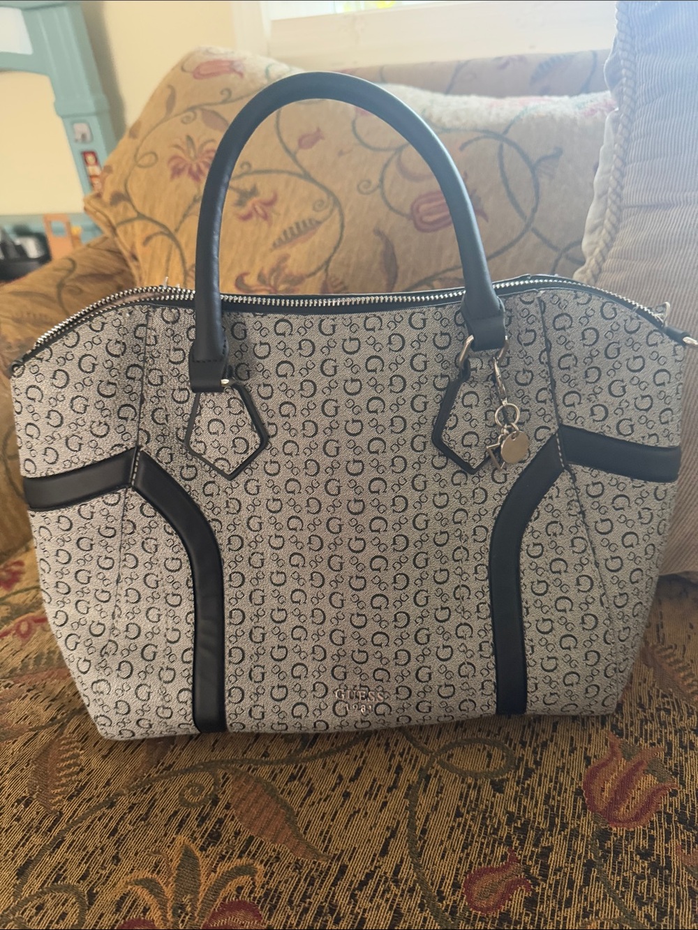 GUESS Black and White Monogram Satchel with Charm
